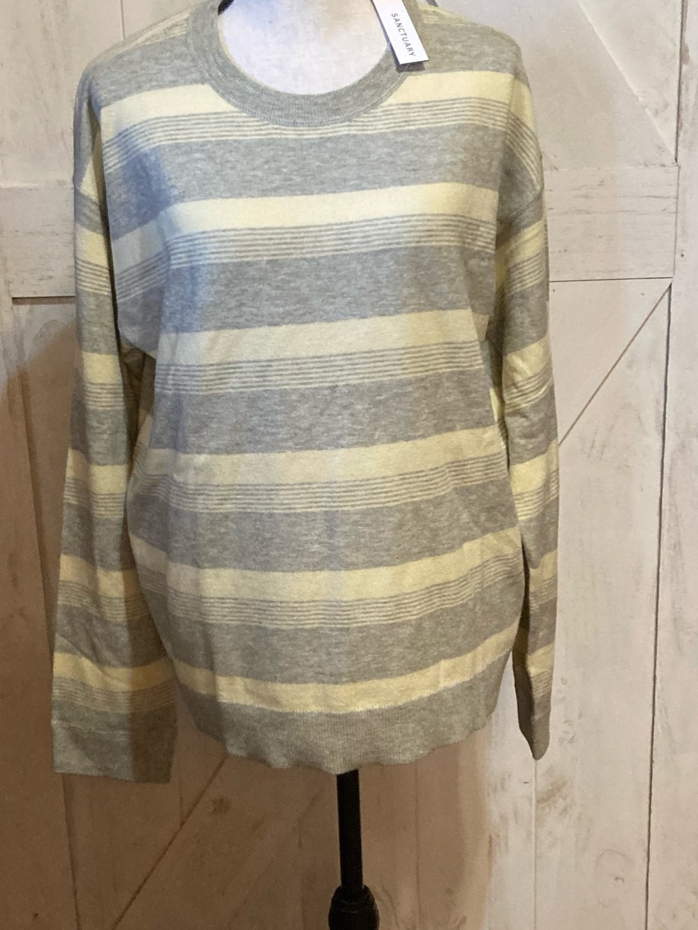 Sanctuary Light Gray and Cream Striped Crewneck Sweater